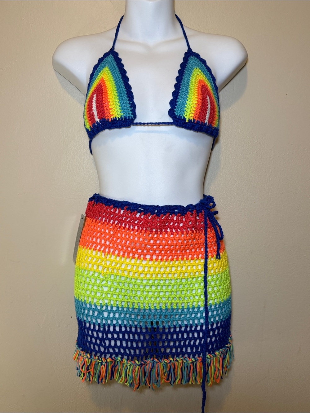Hand-Crocheted Rainbow Mini Skirt — Multicolor Crochet Wrap Skirt